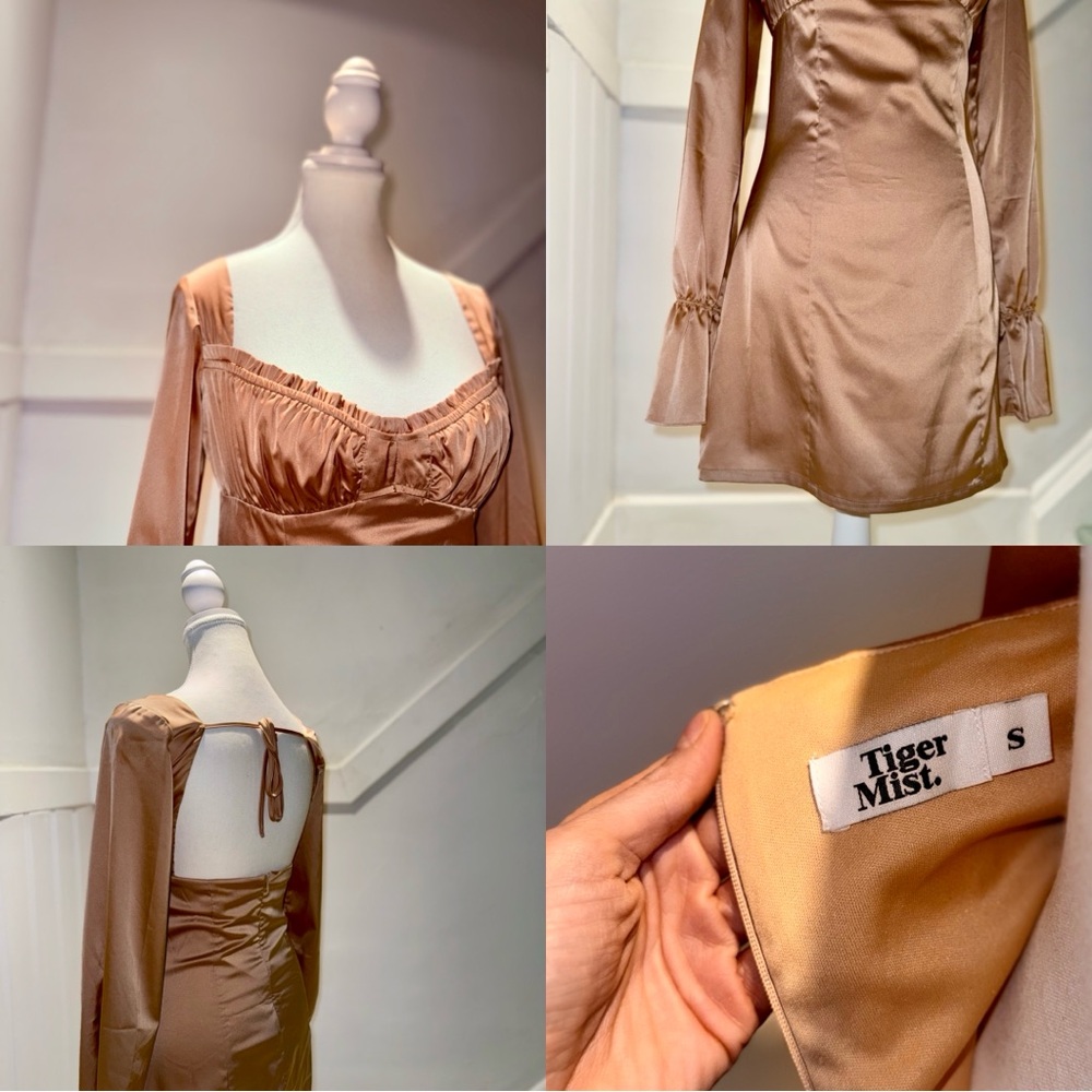 Tiger Mist Satin Ruched Bust Tie Back Mini Dress Tan S
